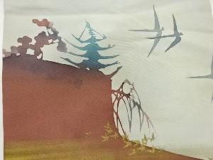 アンティーク　作家物　塩瀬樹木風景模様名古屋帯（松葉仕立て）